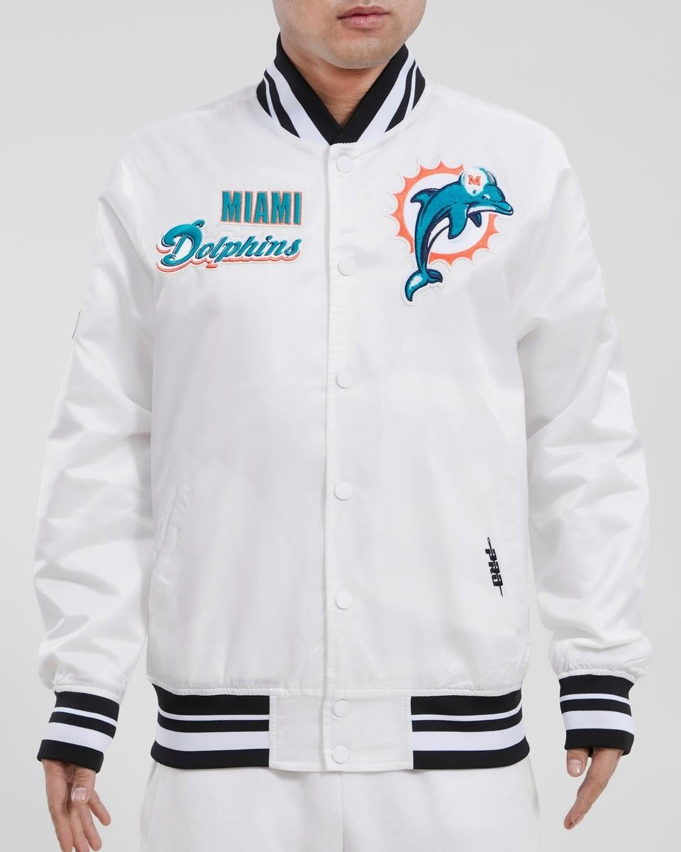 NFL MIAMI DOLPHINS RETRO CLASSIC BLOUSON EN SATIN À BORDS CÔTELÉS POUR HOMME (BLANC/NOIR)