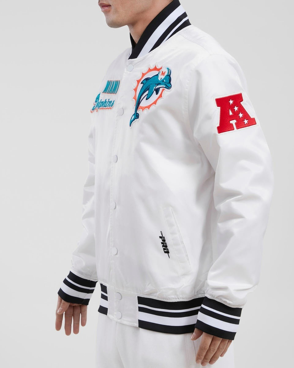 NFL MIAMI DOLPHINS RETRO CLASSIC BLOUSON EN SATIN À BORDS CÔTELÉS POUR HOMME (BLANC/NOIR)