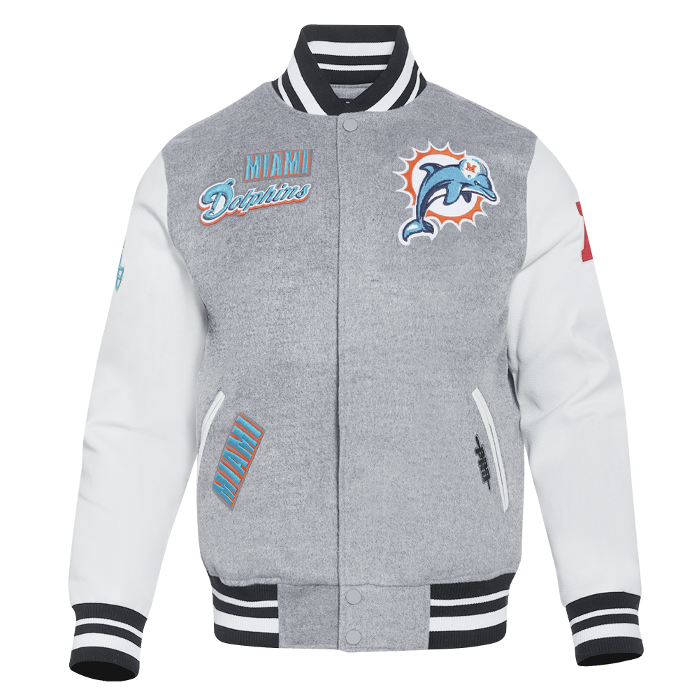 NFL MIAMI DOLPHINS RETRO CLASSIC MEN'S RIB WOOL VARSITY JACKET (HEATHER GREY/WHITE/BLACK)