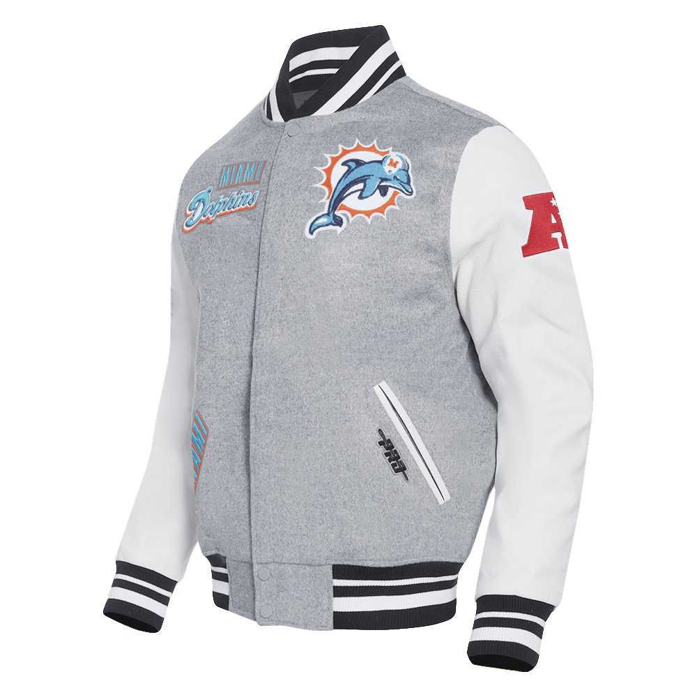 NFL MIAMI DOLPHINS RETRO CLASSIC MEN'S RIB WOOL VARSITY JACKET (HEATHER GREY/WHITE/BLACK)