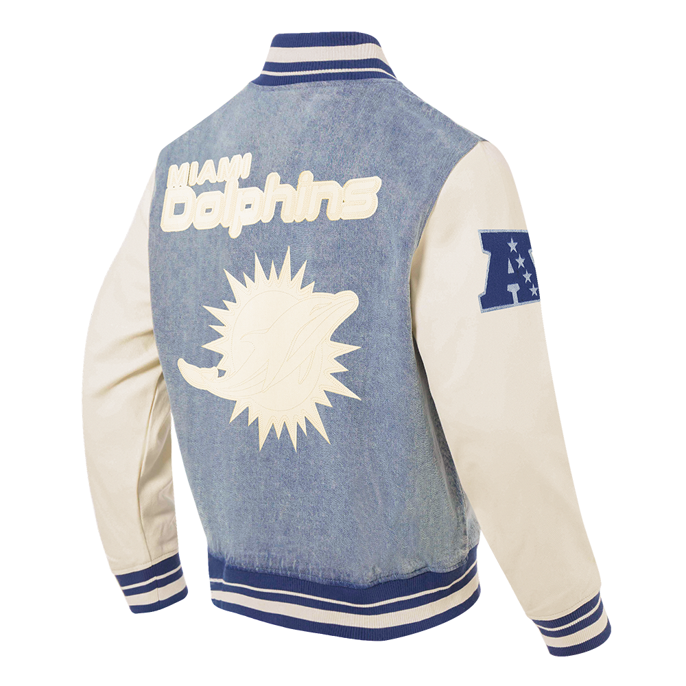 NFL MIAMI DOLPHINS VARSITY BLUES BLOUSON COLLÉGIAL EN DENIM POUR HOMME (DENIM/LIN)