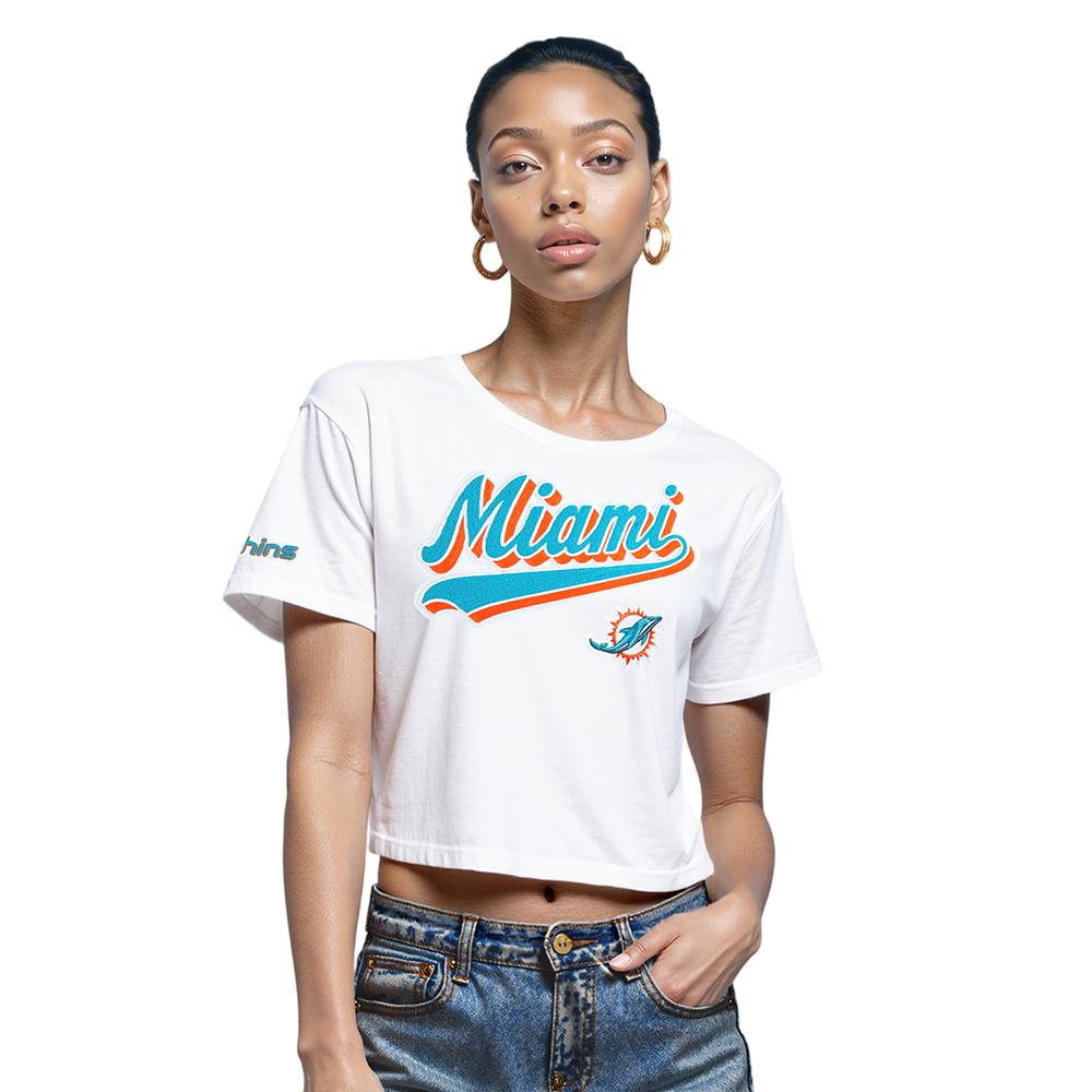NFL MIAMI DOLPHINS SCRIPT TAIL T-SHIRT EN JERSEY SIMPLE À COUPE CARRÉE POUR FEMME (BLANC)