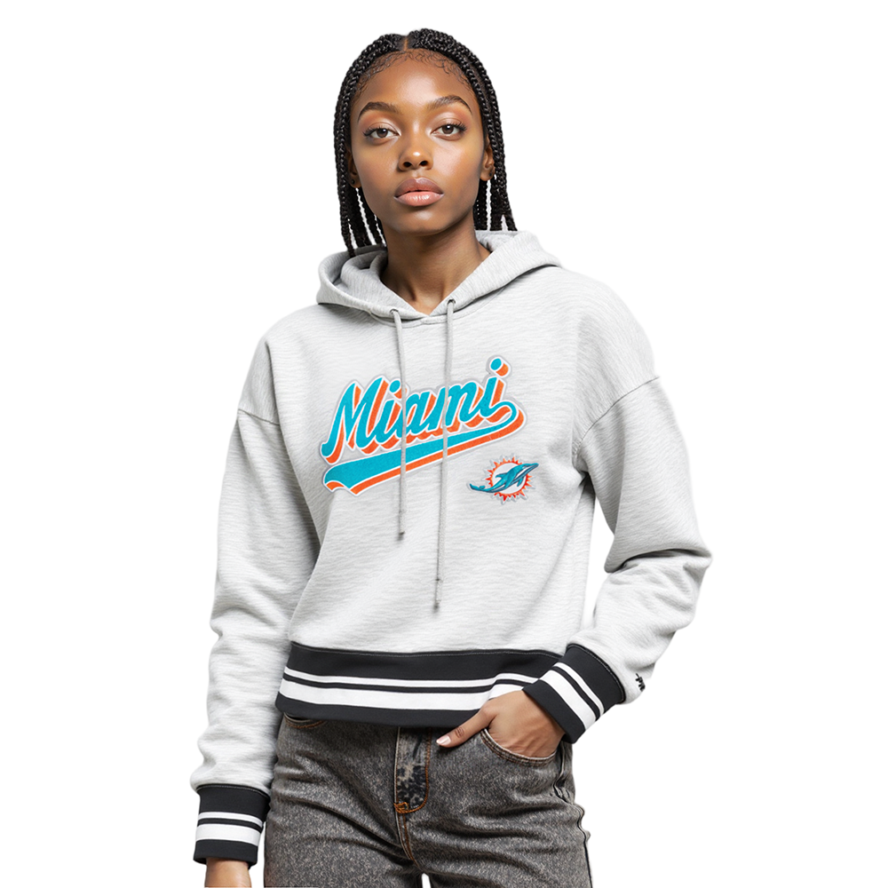 NFL MIAMI DOLPHINS SCRIPT TAIL CHANDAIL À CAPUCHON COURT EN MOLLETON CÔTELÉ POUR FEMME (GRIS CHINÉ/NOIR)