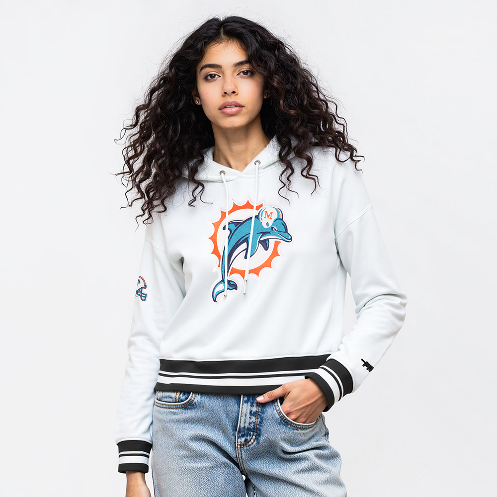 NFL MIAMI DOLPHINS RETRO CLASSIC WOMEN'S CROPPED PO HOODIE (WHITE/BLACK)