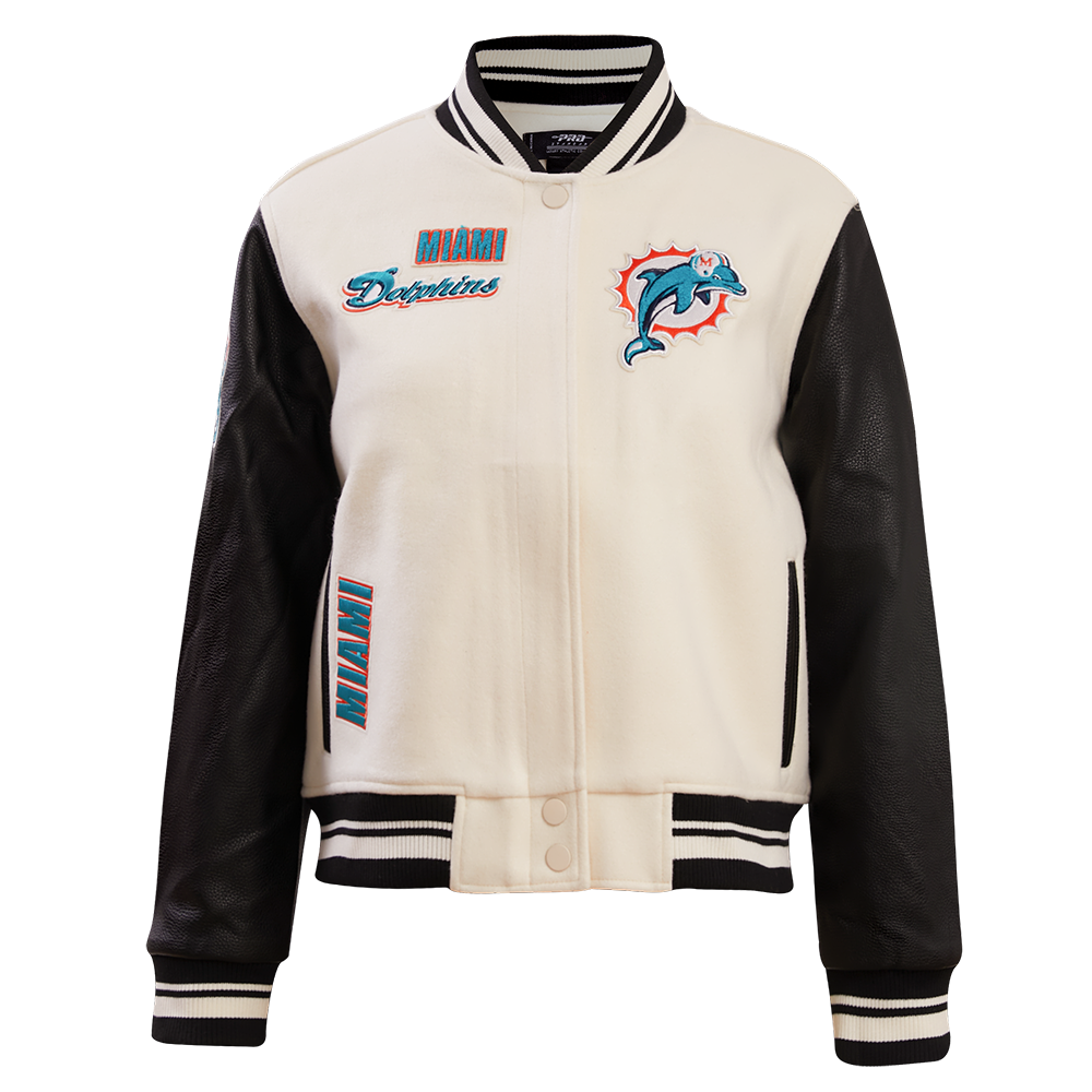 NFL MIAMI DOLPHINS RETRO CLASSIC BLOUSON COLLÉGIAL EN LAINE À BORDS CÔTELÉS POUR FEMME (COQUILLE D'ŒUF/NOIR)