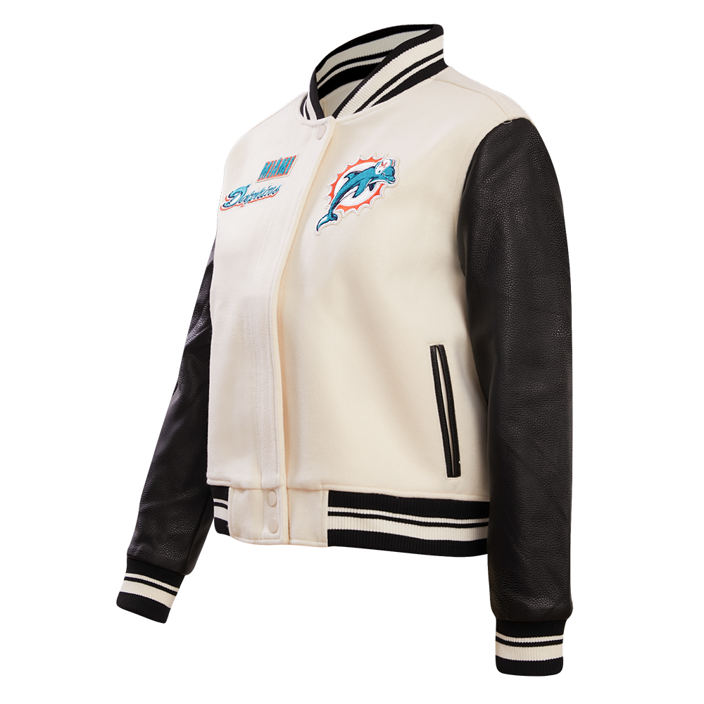 NFL MIAMI DOLPHINS RETRO CLASSIC BLOUSON COLLÉGIAL EN LAINE À BORDS CÔTELÉS POUR FEMME (COQUILLE D'ŒUF/NOIR)