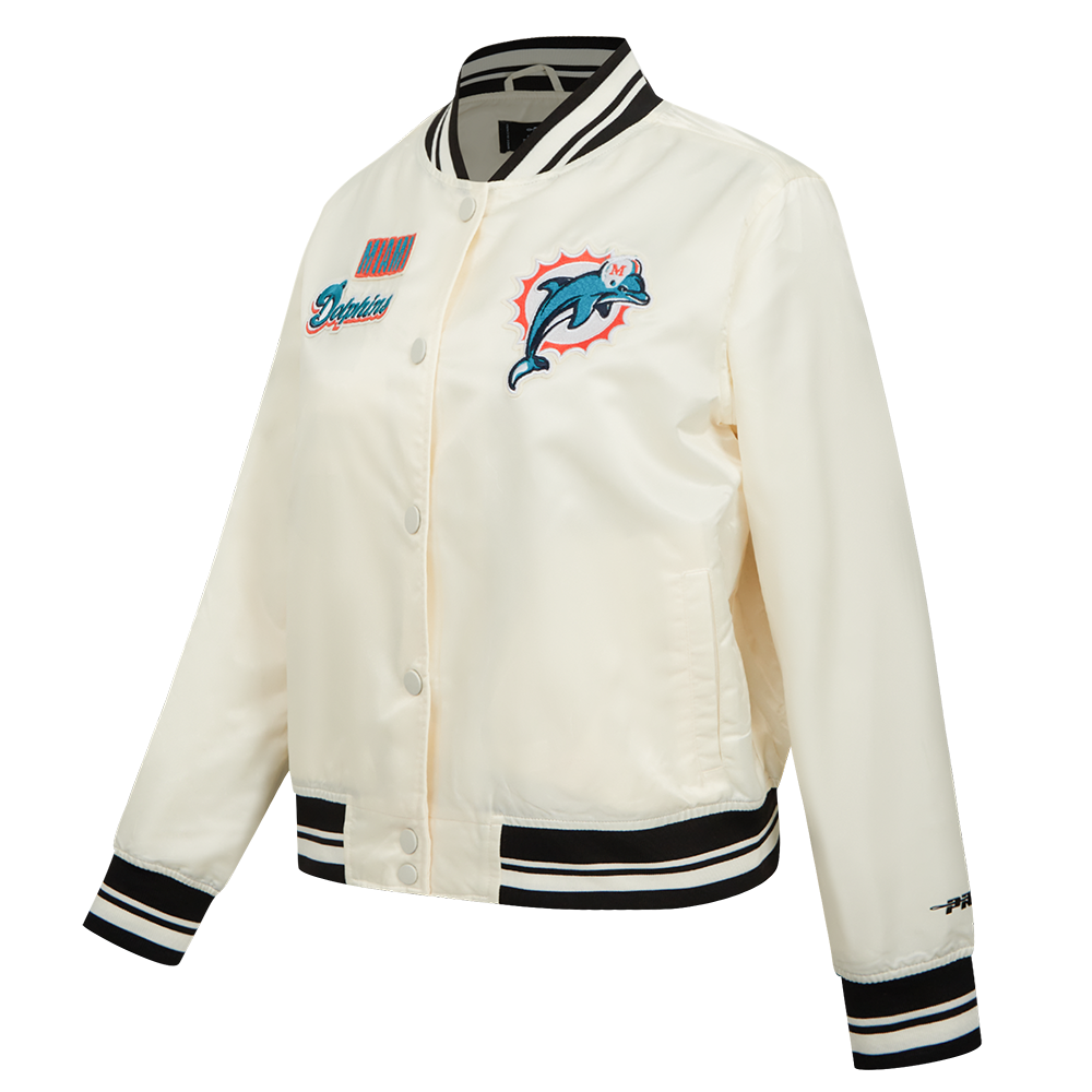 NFL MIAMI DOLPHINS RETRO CLASSIC WOMEN'S RIB SATIN JCKET (EGGSHELL/BLACK)