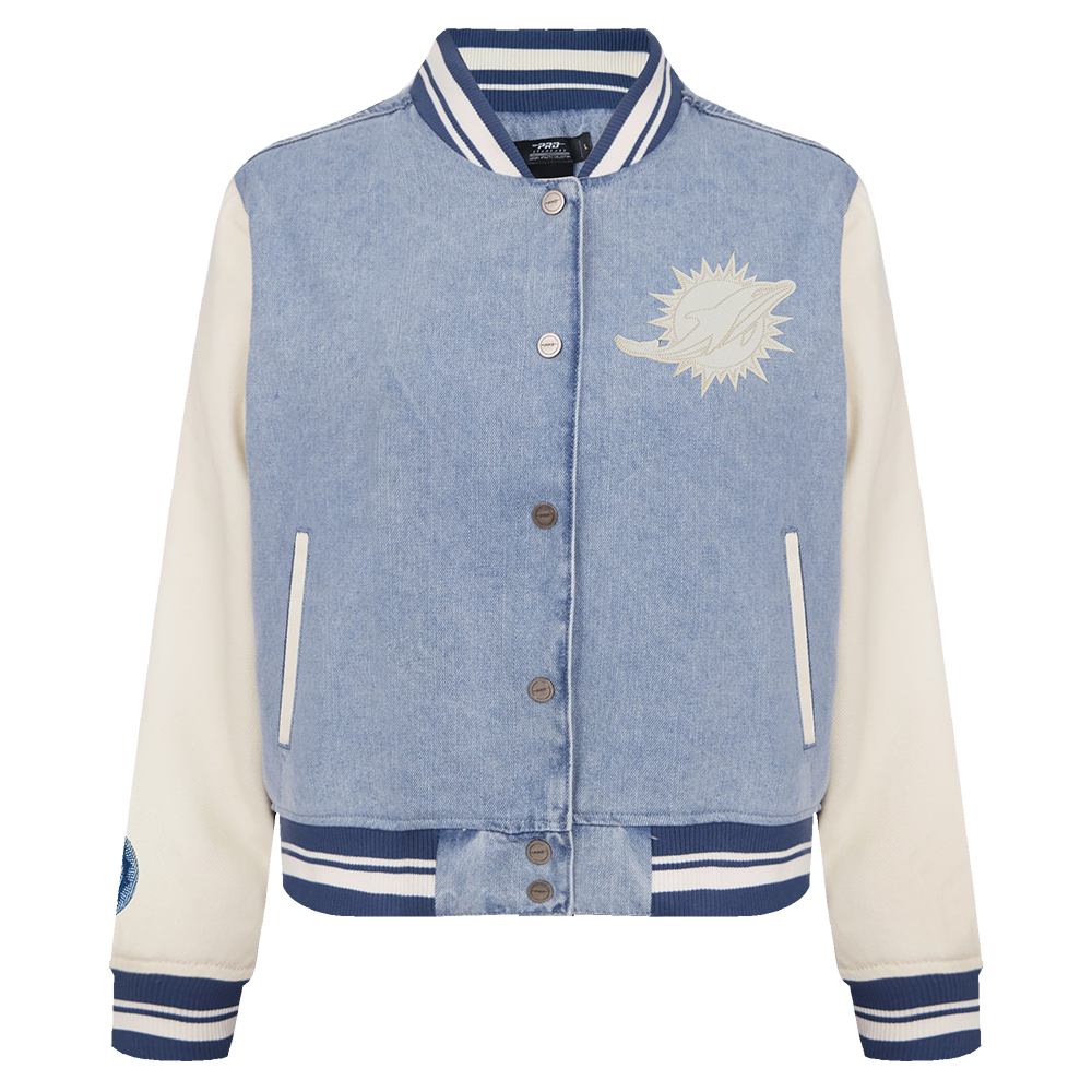 NFL MIAMI DOLPHINS VARSITY BLUES WOMEN'S DENIM VARSITY JACKET (DENIM/LINEN)