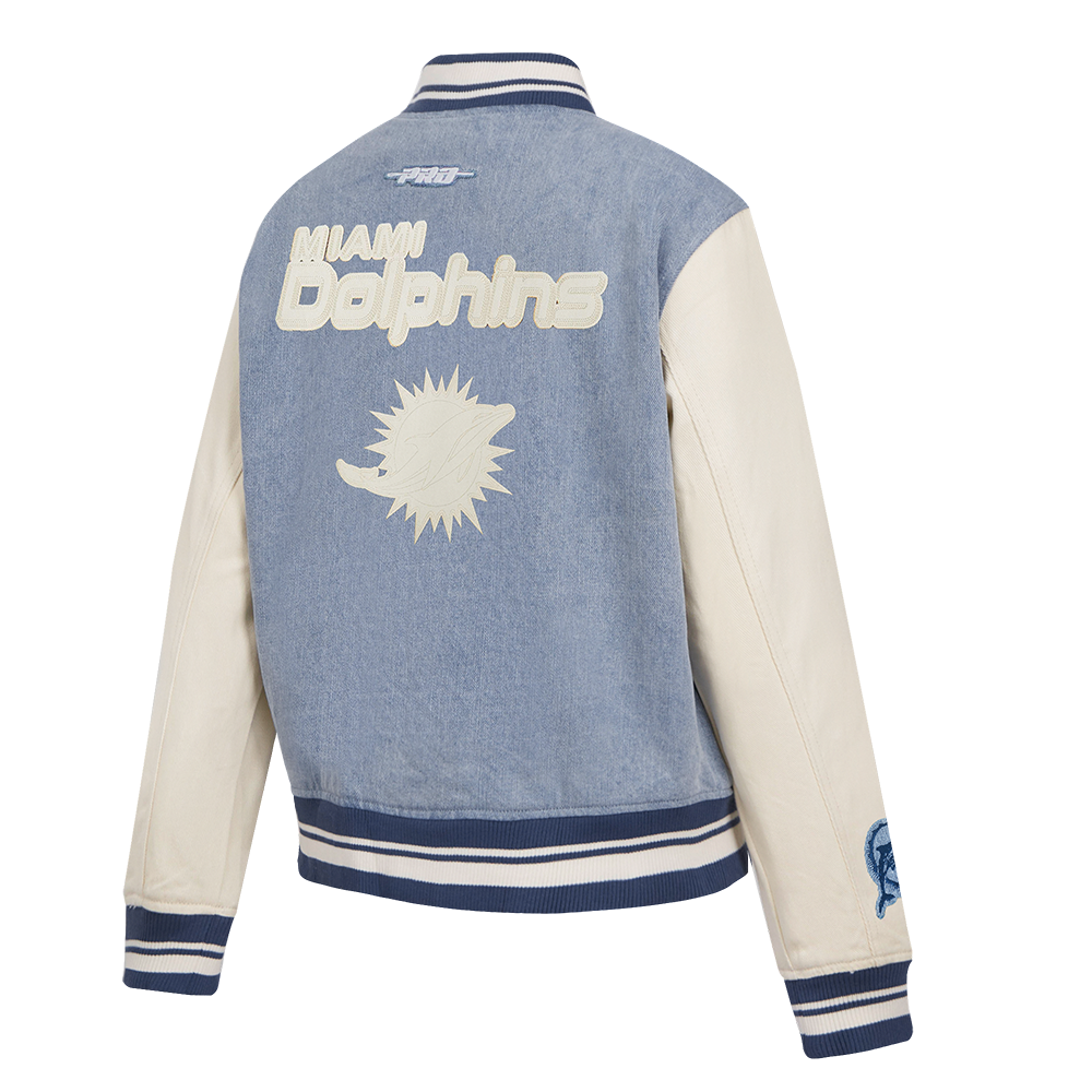 NFL MIAMI DOLPHINS VARSITY BLUES BLOUSON COLLÉGIAL EN DENIM POUR FEMME (DENIM/LIN)