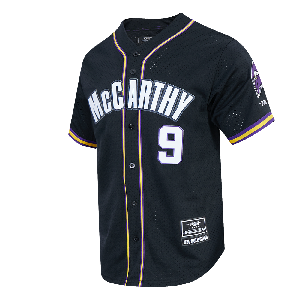 NFL MINNESOTA VIKINGS JJ MCCARTHY #9 CLASSIC MESH PNN CHEMISE BOUTONNÉE EN FILET POUR HOMME (NOIR/VIOLET)