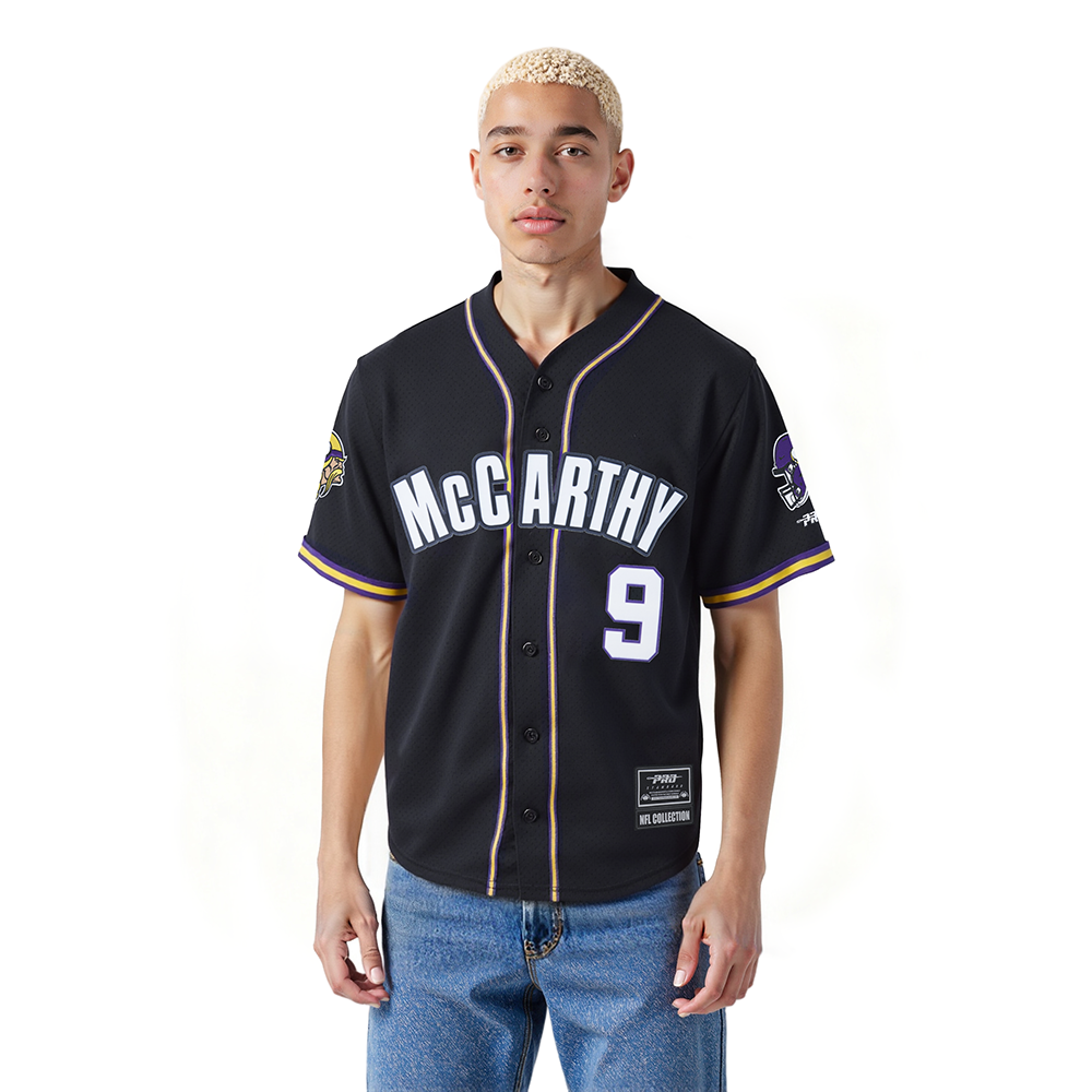 NFL MINNESOTA VIKINGS JJ MCCARTHY #9 CLASSIC MESH PNN CHEMISE BOUTONNÉE EN FILET POUR HOMME (NOIR/VIOLET)