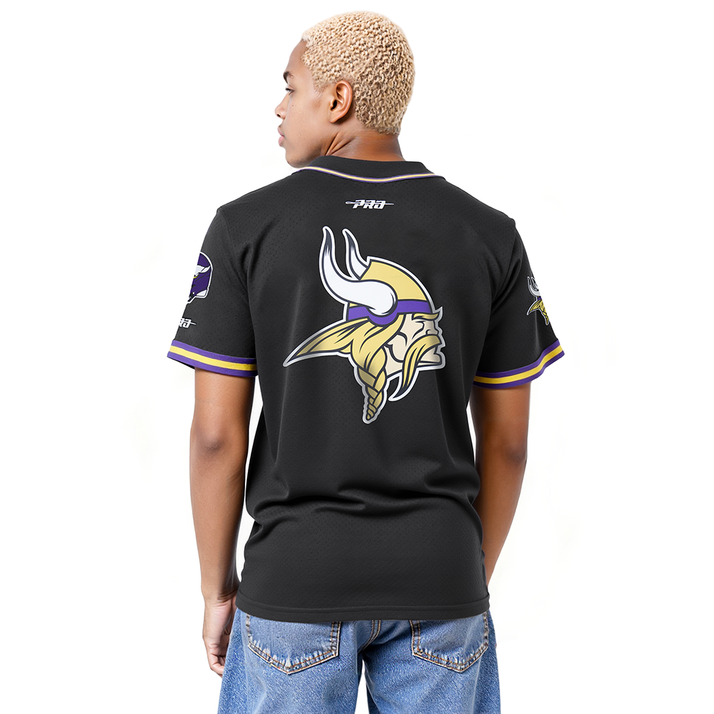 NFL MINNESOTA VIKINGS JJ MCCARTHY #9 CLASSIC MESH PNN MEN'S MESH BUTTON DOWN SHIRT (BLACK/PURPLE)