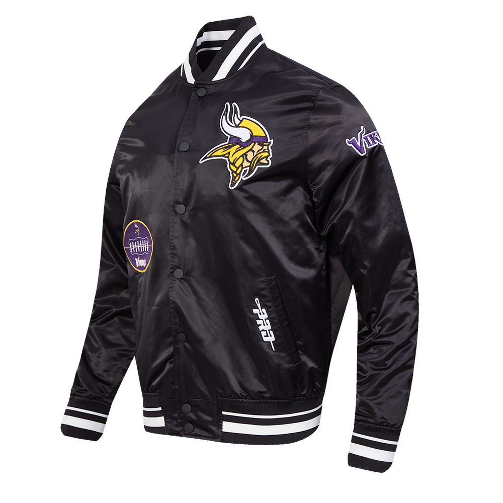 NFL MINNESOTA VIKINGS OLD ENGLISH MEN'S RIB SATIN JACKET (BLACK)