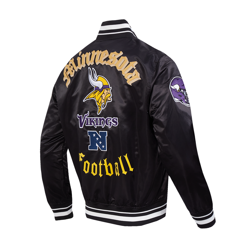 NFL MINNESOTA VIKINGS OLD ENGLISH MEN'S RIB SATIN JACKET (BLACK)