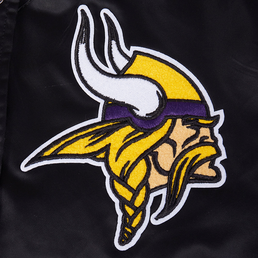 NFL MINNESOTA VIKINGS OLD ENGLISH MEN'S RIB SATIN JACKET (BLACK)