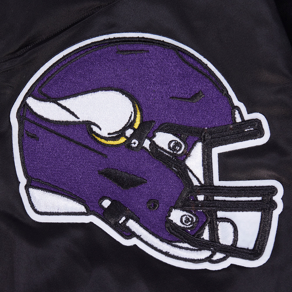NFL MINNESOTA VIKINGS OLD ENGLISH MEN'S RIB SATIN JACKET (BLACK)