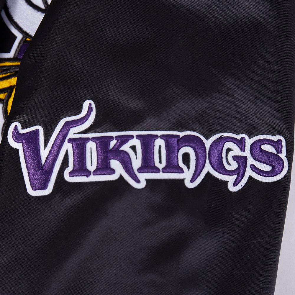NFL MINNESOTA VIKINGS OLD ENGLISH MEN'S RIB SATIN JACKET (BLACK)