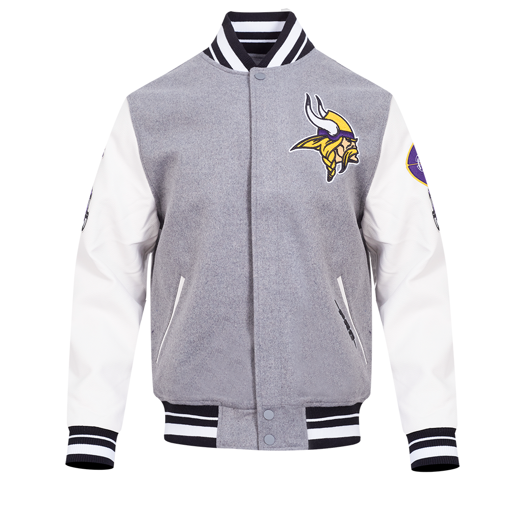 NFL MINNESOTA VIKINGS OLD ENGLISH MEN'S RIB WOOL VARSITY JACKET (HEATHER GREY/WHITE/BLACK)