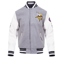 NFL MINNESOTA VIKINGS OLD ENGLISH MEN'S RIB WOOL VARSITY JACKET (HEATHER GREY/WHITE/BLACK)