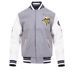 NFL MINNESOTA VIKINGS OLD ENGLISH MEN'S RIB WOOL VARSITY JACKET (HEATHER GREY/WHITE/BLACK)