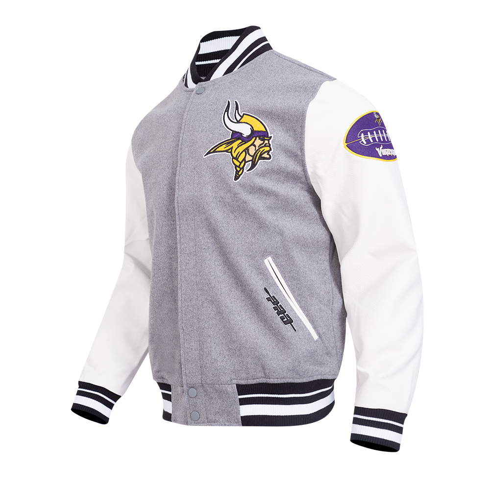 NFL MINNESOTA VIKINGS OLD ENGLISH MEN'S RIB WOOL VARSITY JACKET (HEATHER GREY/WHITE/BLACK)