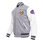 NFL MINNESOTA VIKINGS OLD ENGLISH MEN'S RIB WOOL VARSITY JACKET (HEATHER GREY/WHITE/BLACK)