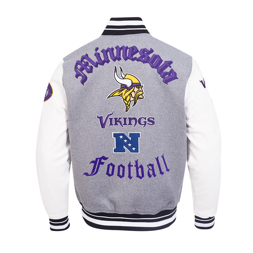 NFL MINNESOTA VIKINGS OLD ENGLISH MEN'S RIB WOOL VARSITY JACKET (HEATHER GREY/WHITE/BLACK)