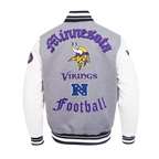 NFL MINNESOTA VIKINGS OLD ENGLISH MEN'S RIB WOOL VARSITY JACKET (HEATHER GREY/WHITE/BLACK)