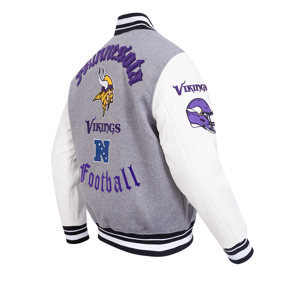 NFL MINNESOTA VIKINGS OLD ENGLISH MEN'S RIB WOOL VARSITY JACKET (HEATHER GREY/WHITE/BLACK)