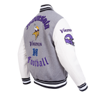 NFL MINNESOTA VIKINGS OLD ENGLISH MEN'S RIB WOOL VARSITY JACKET (HEATHER GREY/WHITE/BLACK)