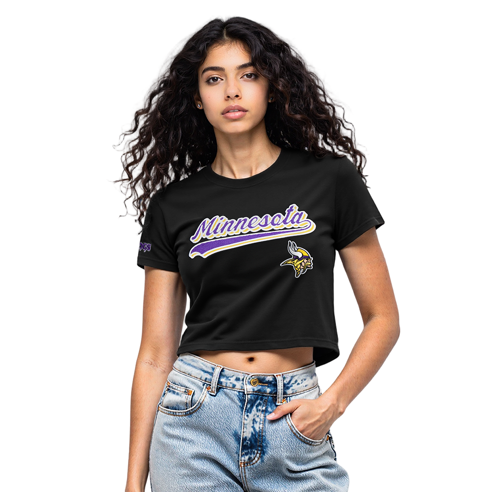 NFL MINNESOTA VIKINGS SCRIPT TAIL T-SHIRT EN JERSEY SIMPLE À COUPE CARRÉE POUR FEMME (NOIR)