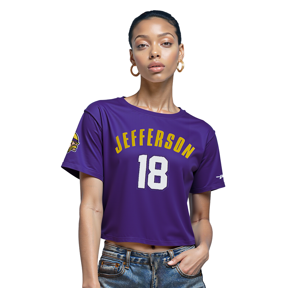 NFL MINNESOTA VIKINGS JUSTIN JEFFERSON #18 CLASSIC PNN T-SHIRT EN JERSEY SIMPLE À COUPE CARRÉE POUR FEMME (VIOLET)