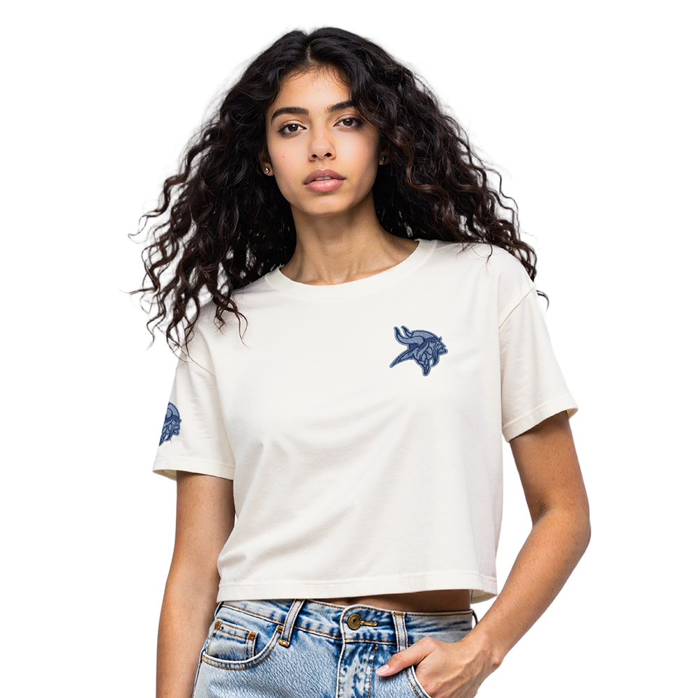 NFL MINNESOTA VIKINGS VARSITY BLUES T-SHIRT EN JERSEY SIMPLE À COUPE CARRÉE POUR FEMME (LIN)