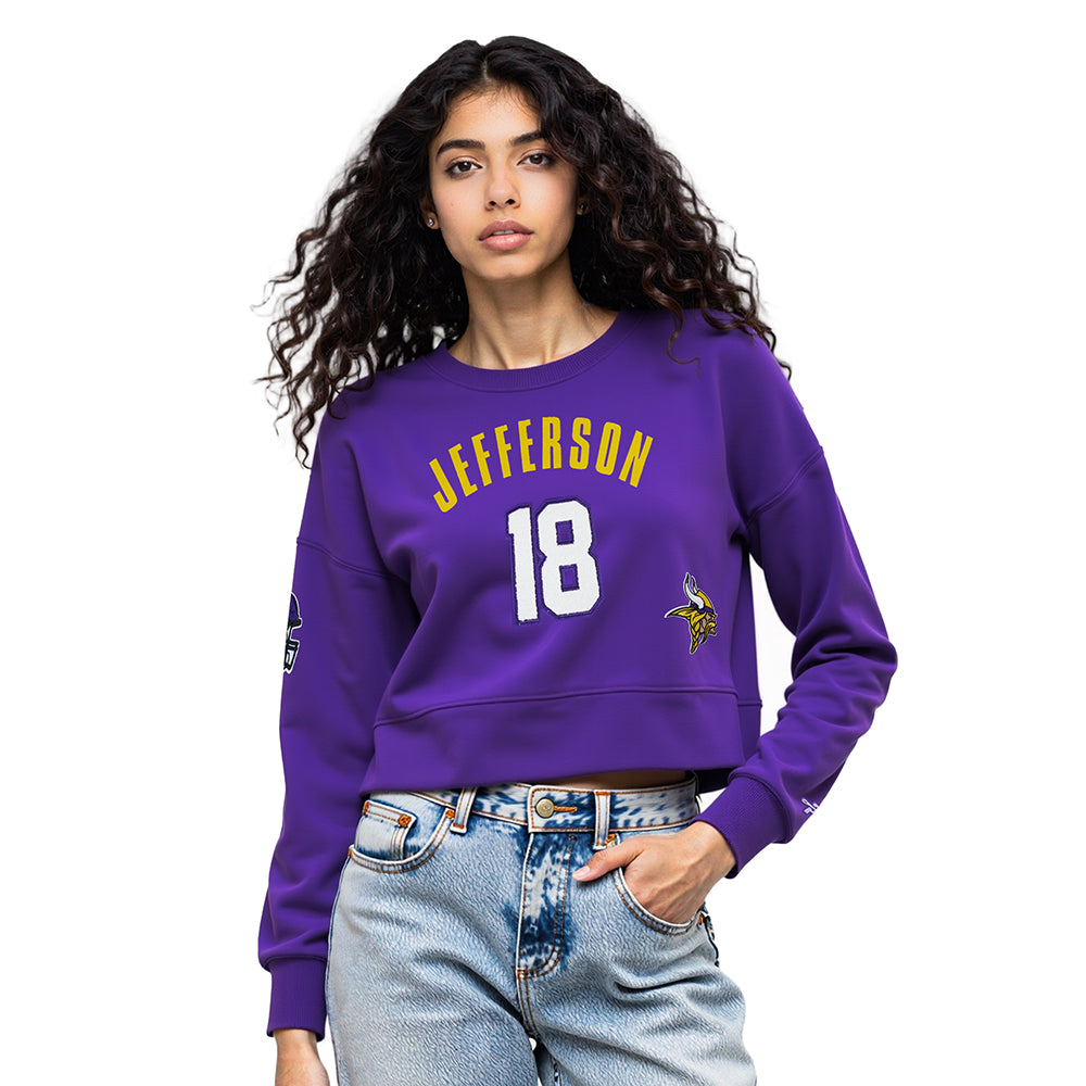 NFL MINNESOTA VIKINGS JUSTIN JEFFERSON #18 CLASSIC PNN CHANDAIL À COL ROND EN MOLLETON POUR FEMME (VIOLET)