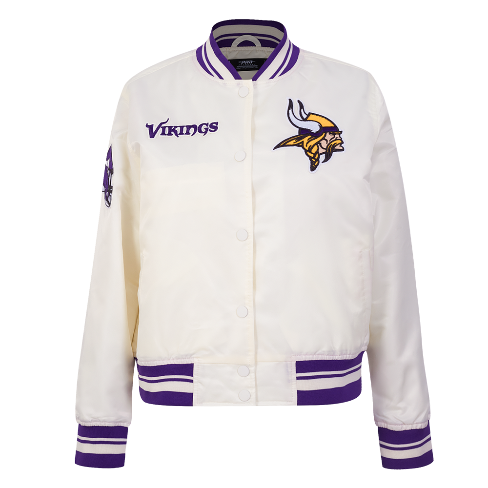 NFL MINNESOTA VIKINGS RETRO CLASSIC BLOUSON EN SATIN À BORDS CÔTELÉS POUR FEMME (COQUILLE D'ŒUF/VIOLET)