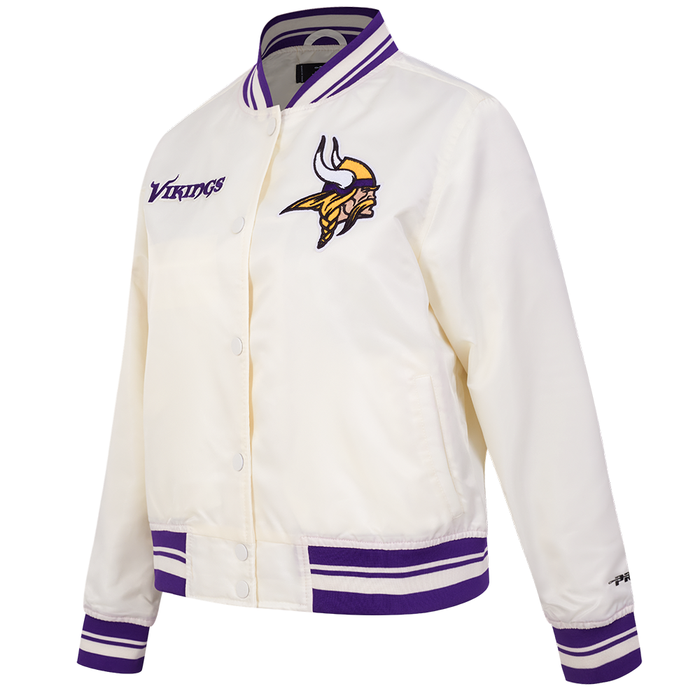 NFL MINNESOTA VIKINGS RETRO CLASSIC BLOUSON EN SATIN À BORDS CÔTELÉS POUR FEMME (COQUILLE D'ŒUF/VIOLET)