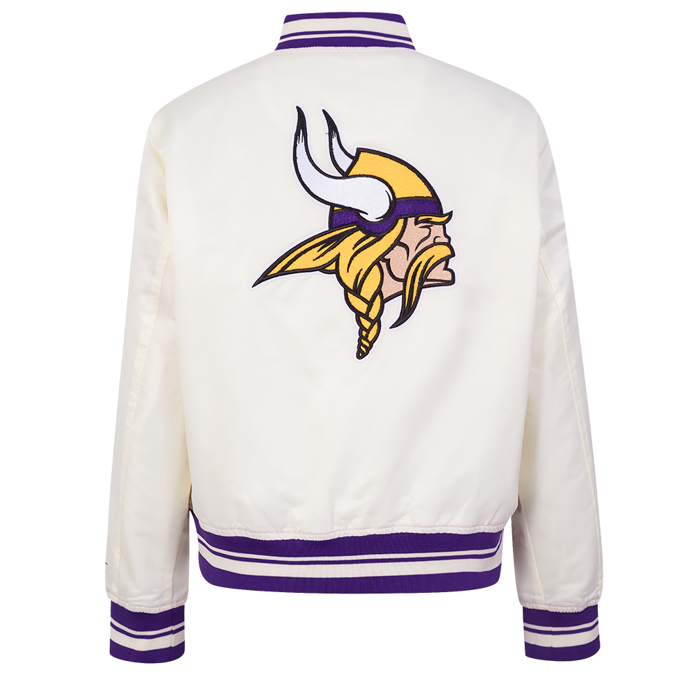 NFL MINNESOTA VIKINGS RETRO CLASSIC BLOUSON EN SATIN À BORDS CÔTELÉS POUR FEMME (COQUILLE D'ŒUF/VIOLET)