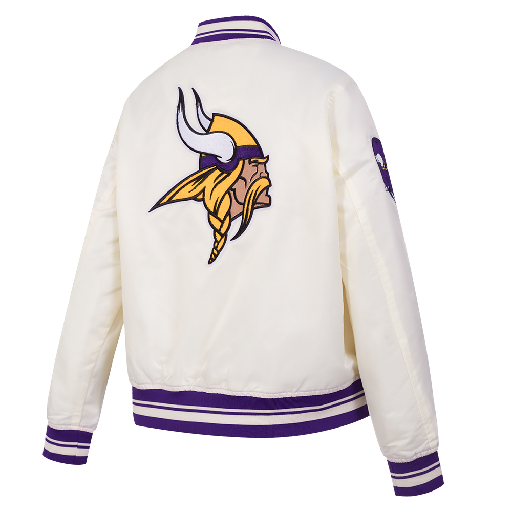 NFL MINNESOTA VIKINGS RETRO CLASSIC BLOUSON EN SATIN À BORDS CÔTELÉS POUR FEMME (COQUILLE D'ŒUF/VIOLET)