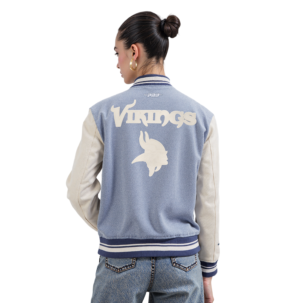 NFL MINNESOTA VIKINGS VARSITY BLUES WOMEN'S DENIM VARSITY JACKET (DENIM/LINEN)