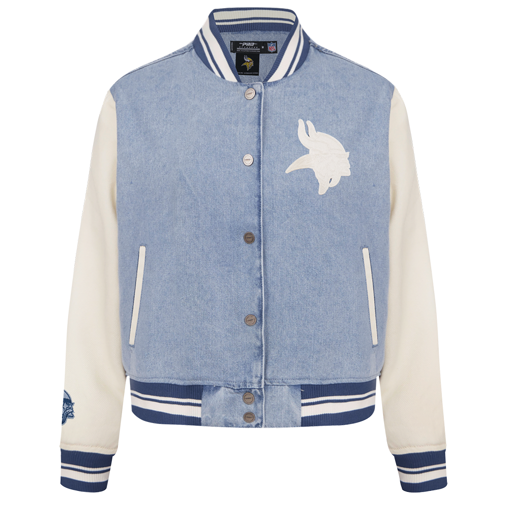NFL MINNESOTA VIKINGS VARSITY BLUES WOMEN'S DENIM VARSITY JACKET (DENIM/LINEN)