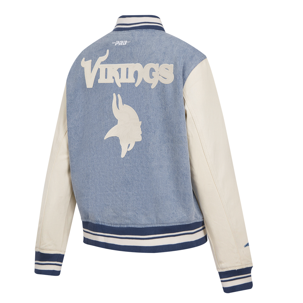 NFL MINNESOTA VIKINGS VARSITY BLUES WOMEN'S DENIM VARSITY JACKET (DENIM/LINEN)