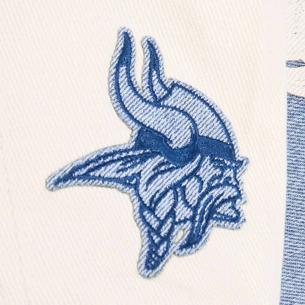 NFL MINNESOTA VIKINGS VARSITY BLUES WOMEN'S DENIM VARSITY JACKET (DENIM/LINEN)