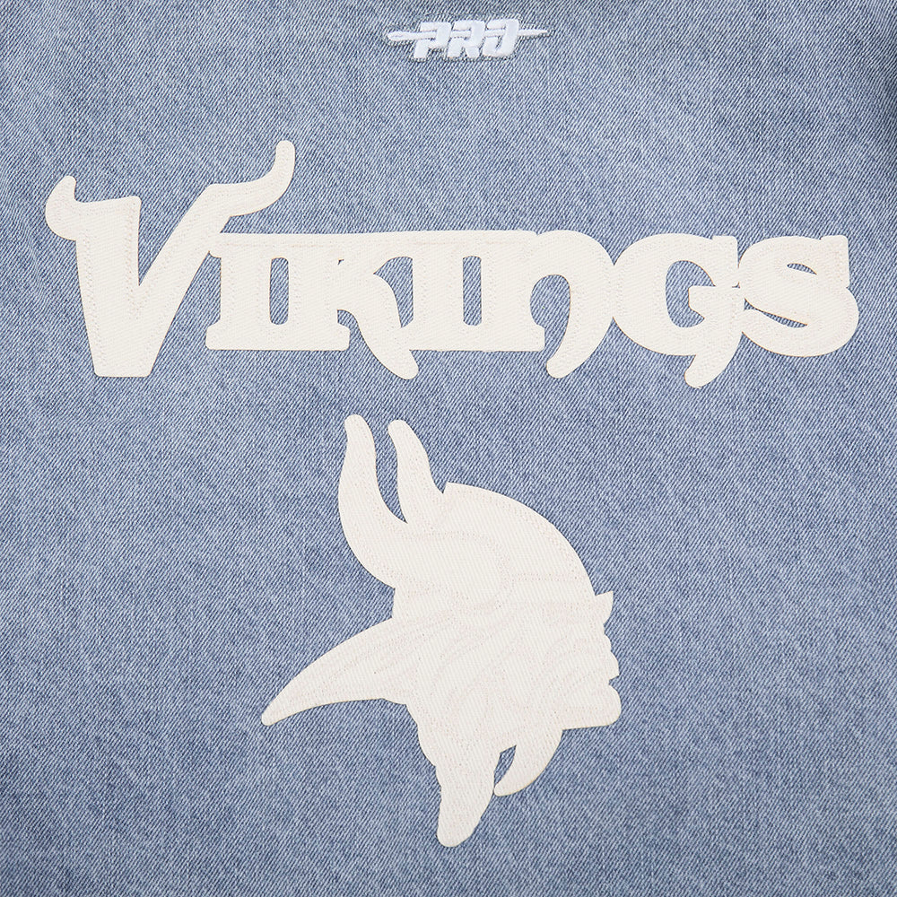NFL MINNESOTA VIKINGS VARSITY BLUES WOMEN'S DENIM VARSITY JACKET (DENIM/LINEN)