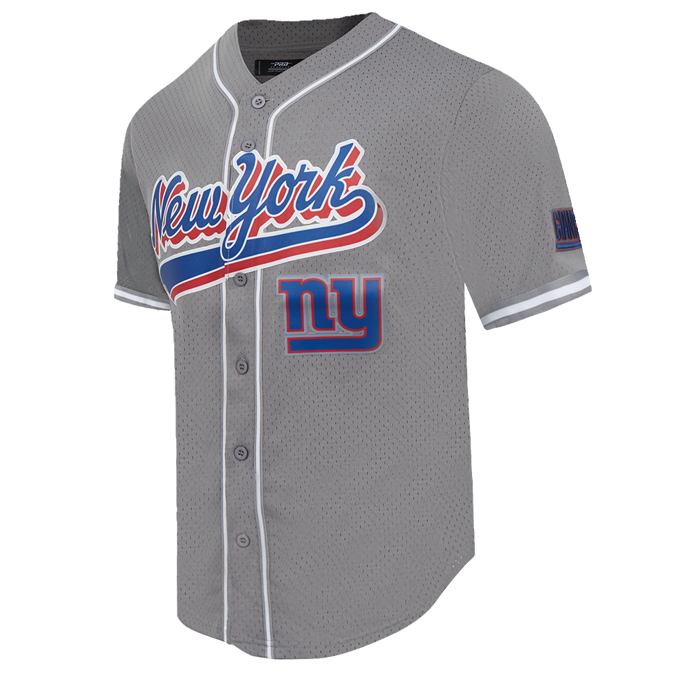 NFL NEW YORK GIANTS SCRIPT TAIL MEN'S MESH BUTTON DOWN SHIRT (GRAY)