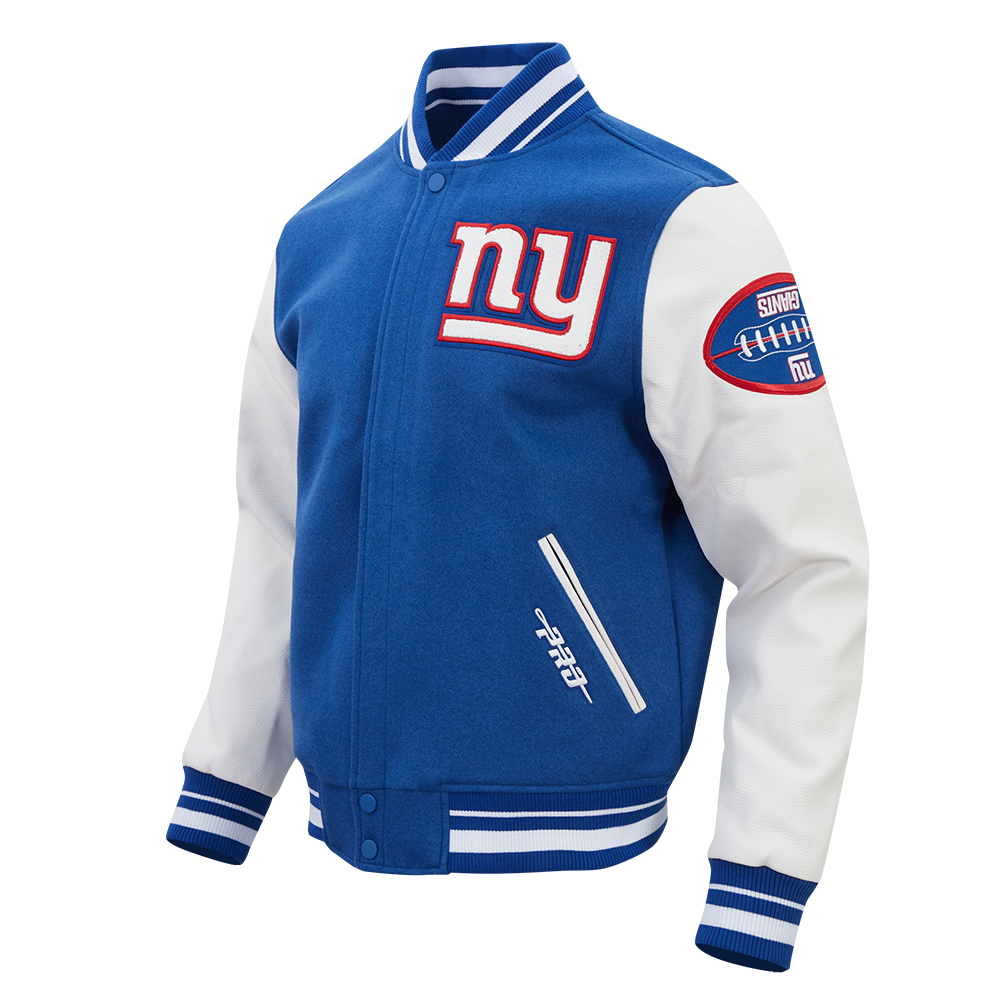 NFL NEW YORK GIANTS OLD ENGLISH MEN'S RIB WOOL VARSITY JACKET (DODGER BLUE/WHITE)