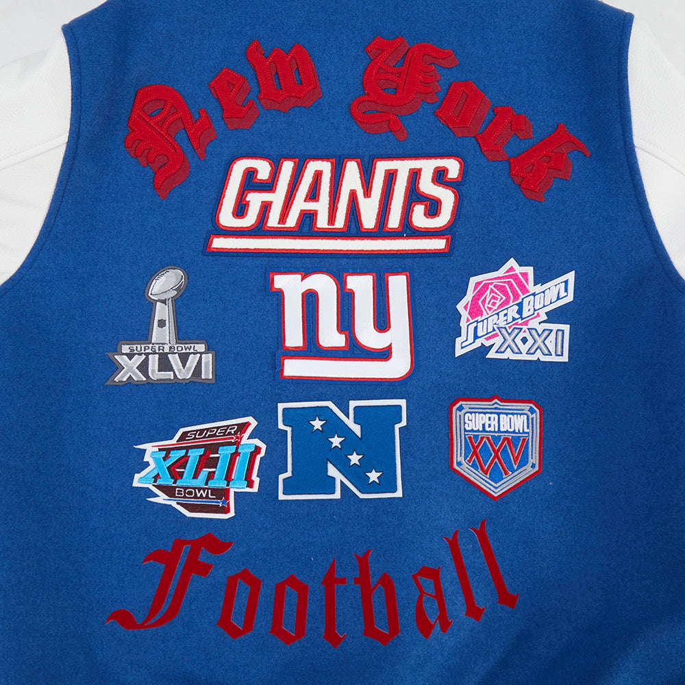 NFL NEW YORK GIANTS OLD ENGLISH MEN'S RIB WOOL VARSITY JACKET (DODGER BLUE/WHITE)