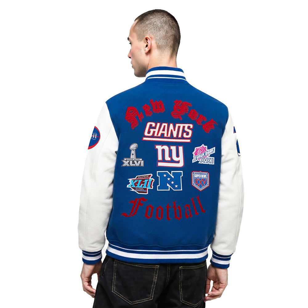 NFL NEW YORK GIANTS OLD ENGLISH BLOUSON COLLÉGIAL EN LAINE À BORDS CÔTELÉS POUR HOMME (BLEU DODGER/BLANC)