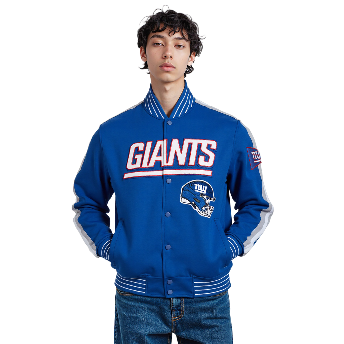 NFL NEW YORK GIANTS PRO GAME DAY MEN'S DBL KNIT JACKET (DODGER BLUE/SILVER/WHITE)