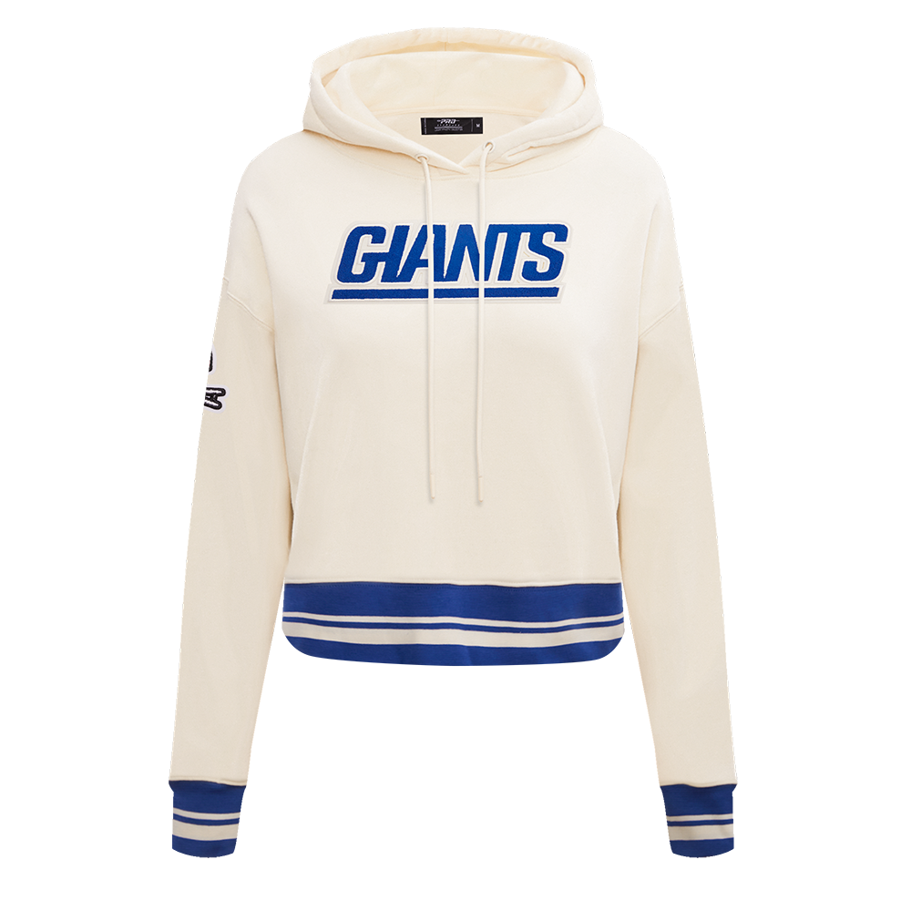 NFL NEW YORK GIANTS RETRO CLASSIC WOMEN'S RIB CROPPED PULLOVER HOODIE (EGGSHELL/DODGER BLUE)