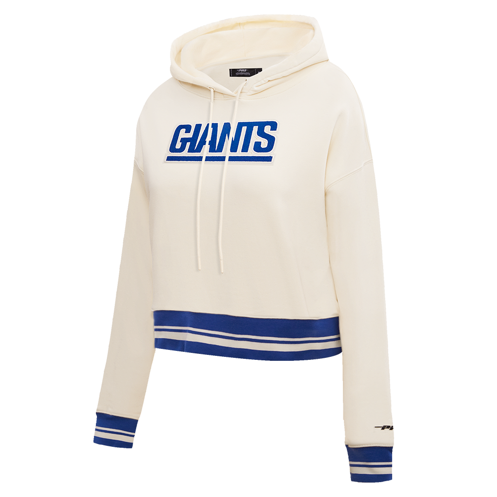 NFL NEW YORK GIANTS RETRO CLASSIC WOMEN'S RIB CROPPED PULLOVER HOODIE (EGGSHELL/DODGER BLUE)